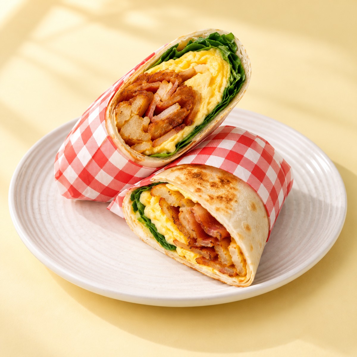 Sweet Spot breakfast wrap cut in half on a white plate