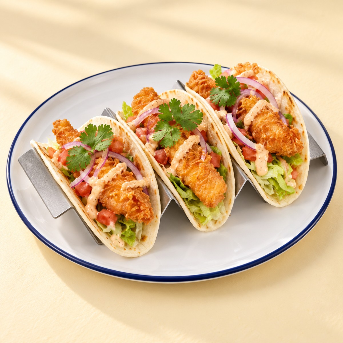 Three crispy fish tacos with lettuce, tomato and onion